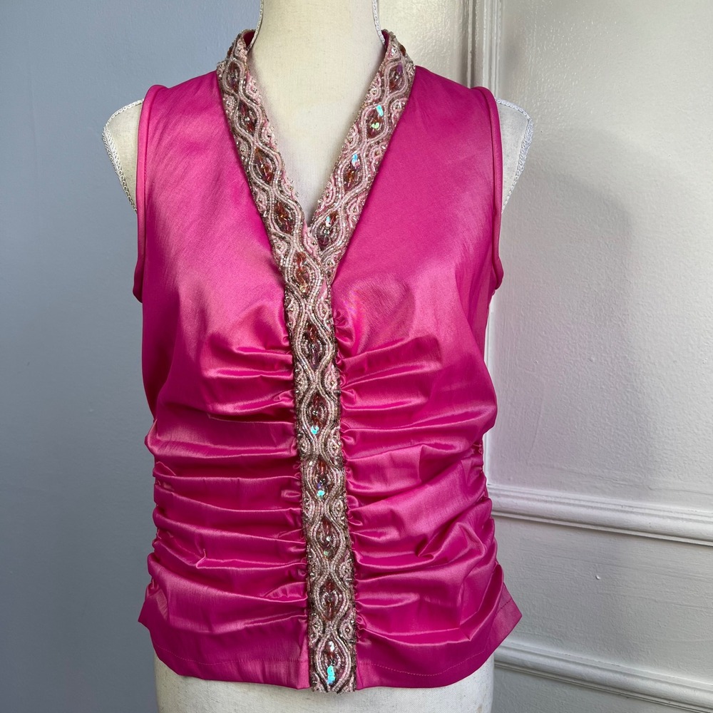 Y2K Vintage TADASHI Top Ruched Beaded Sequins Metallic Hot Pink Women's Size 12 - Picture 1 of 9